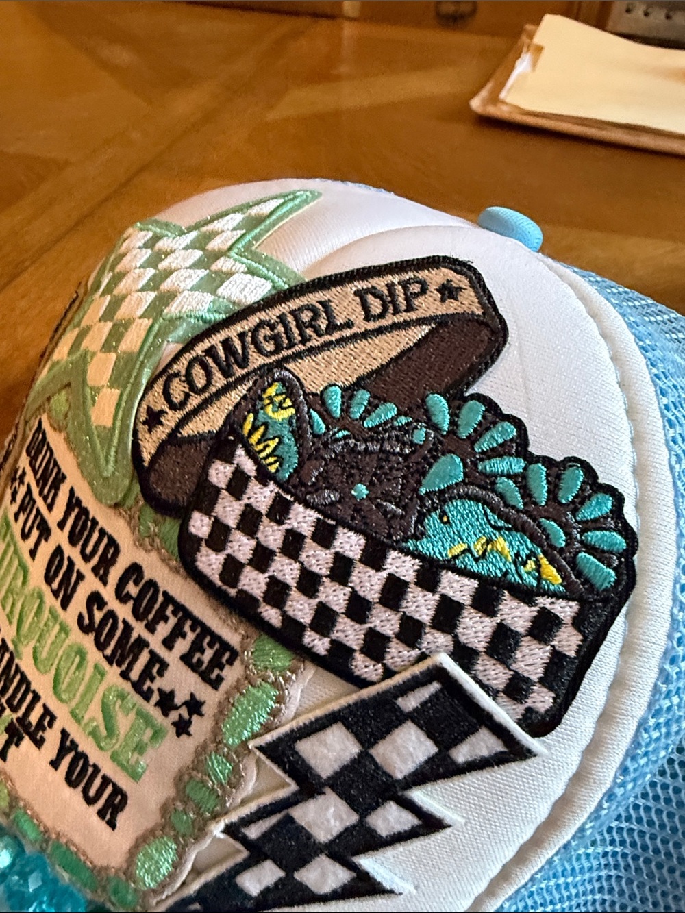Turquoise Embellished Trucker Hat - Beaded Patch Design - Picture 3 of 5